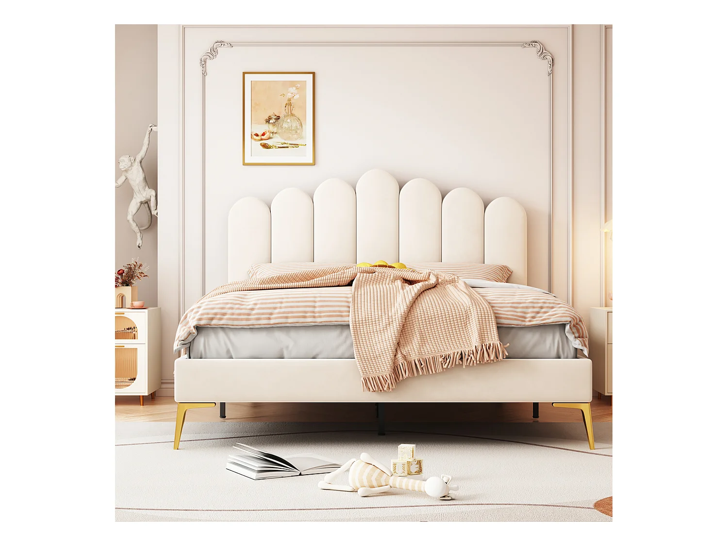 Lit double rembourré en velours - 140x200cm - tête de lit en forme de fleur - Beige