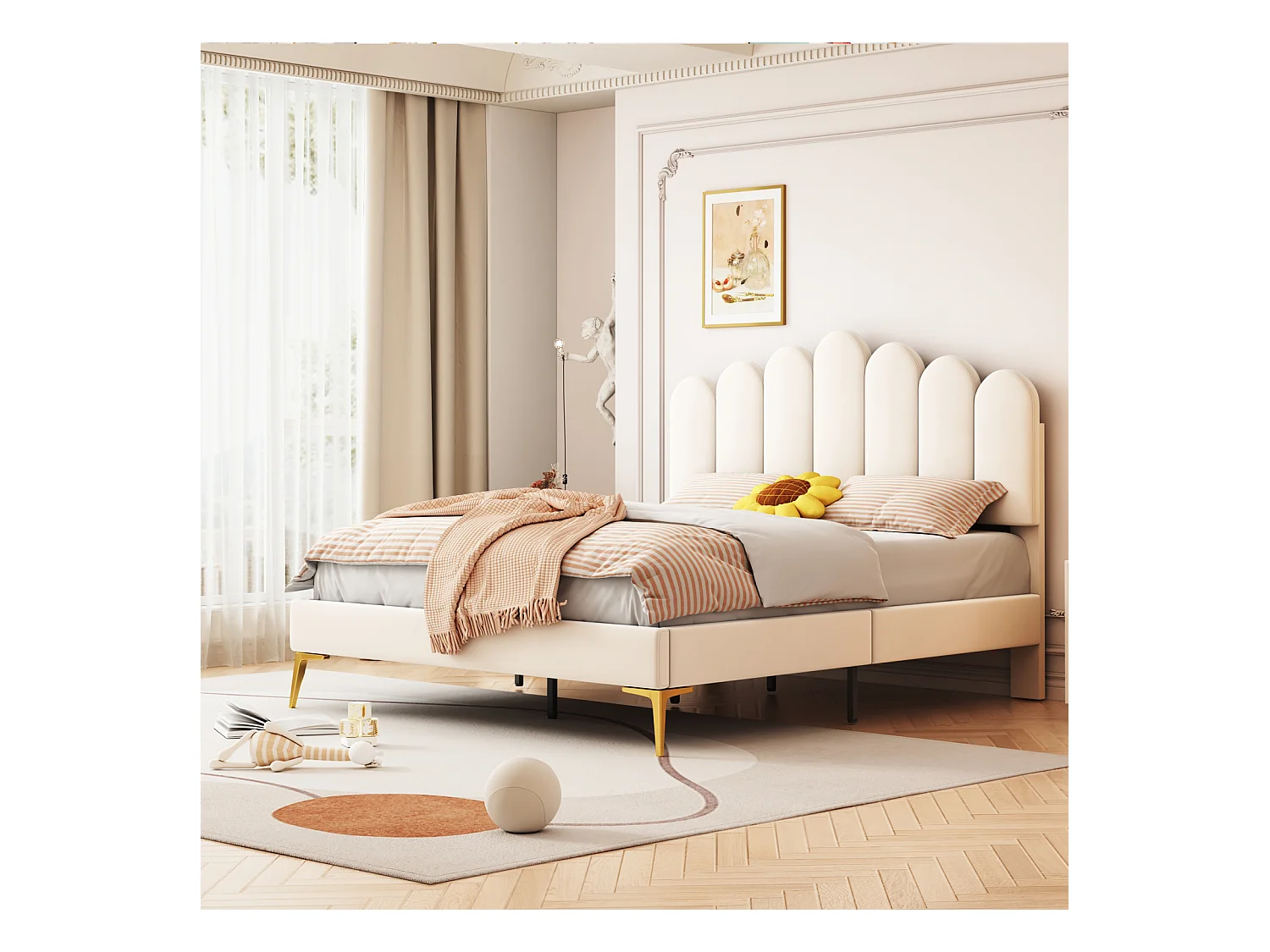 Lit double rembourré en velours - 140x200cm - tête de lit en forme de fleur - Beige