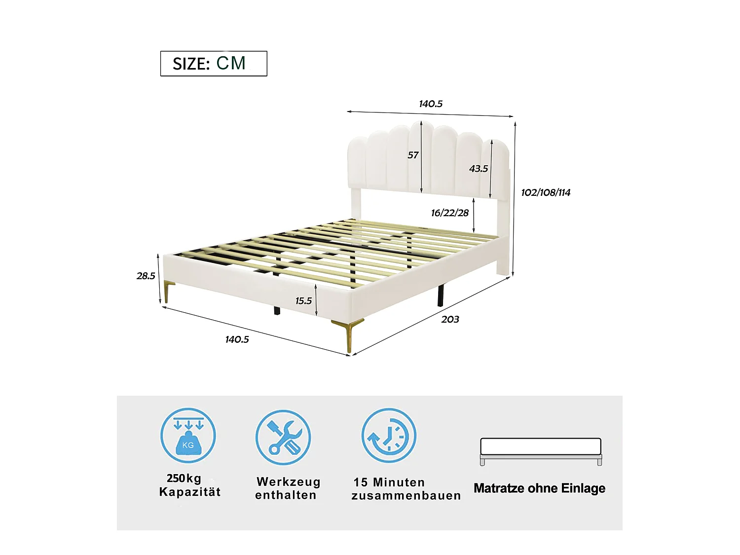 Lit double rembourré en velours - 140x200cm - tête de lit en forme de fleur - Beige