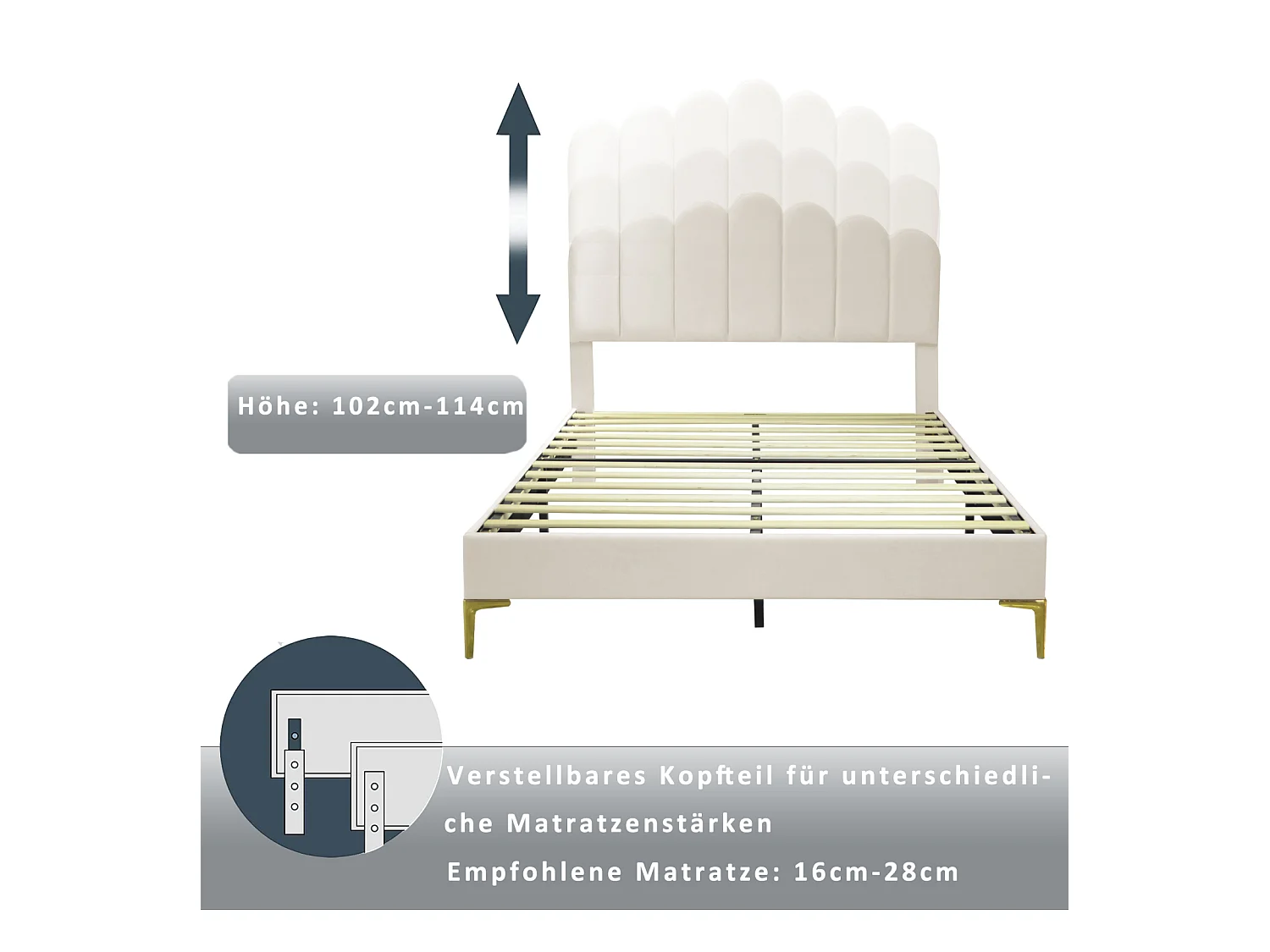Lit double rembourré en velours - 140x200cm - tête de lit en forme de fleur - Beige