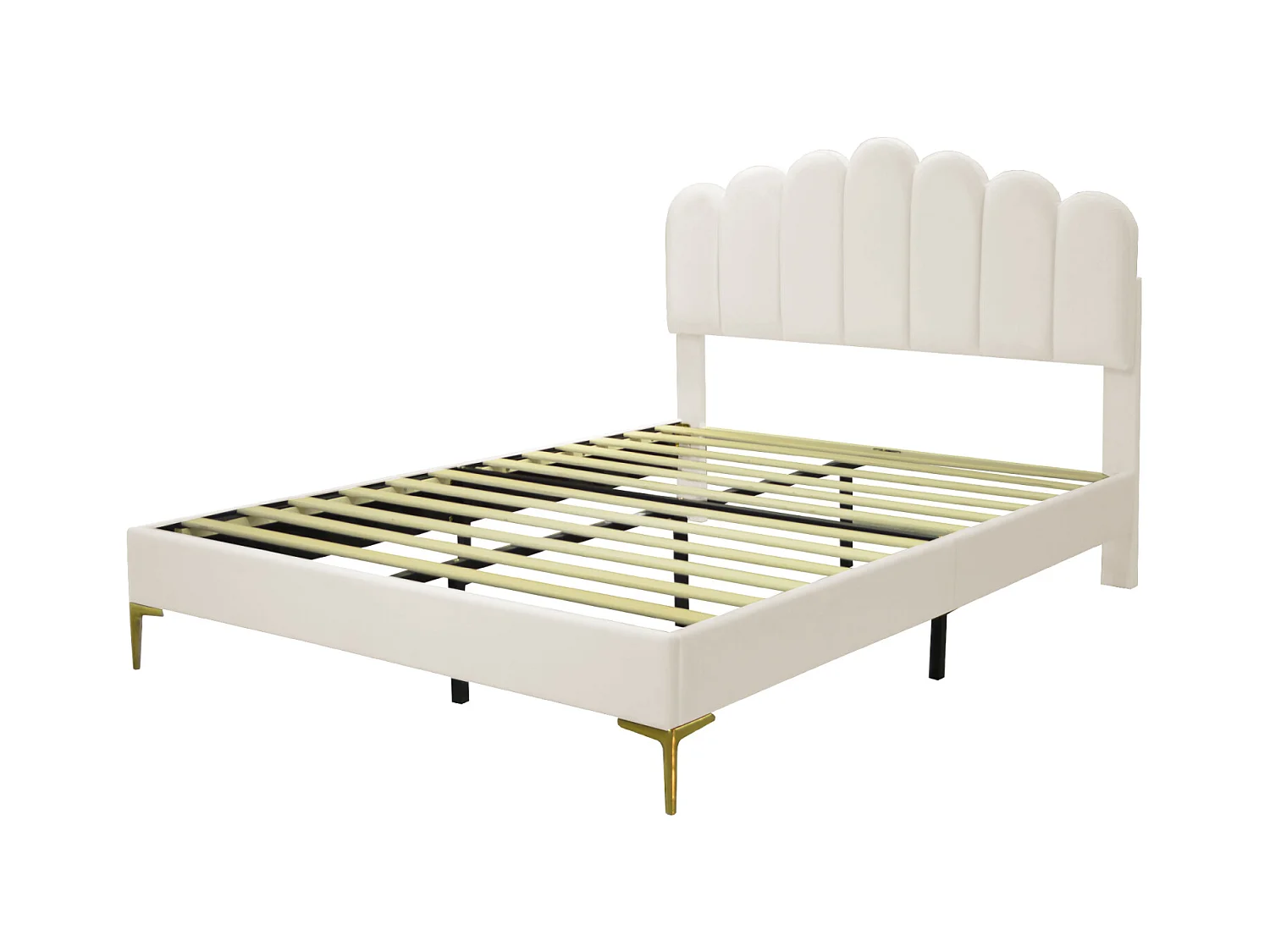 Lit double rembourré en velours - 140x200cm - tête de lit en forme de fleur - Beige