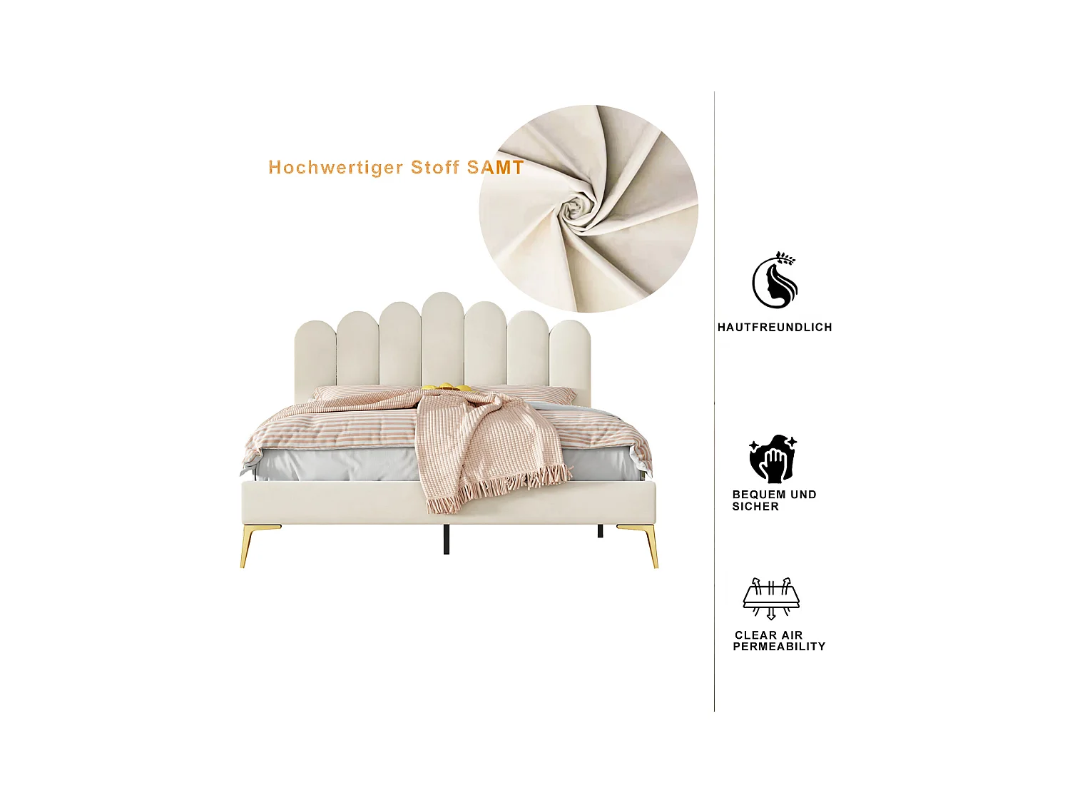 Lit double rembourré en velours - 140x200cm - tête de lit en forme de fleur - Beige