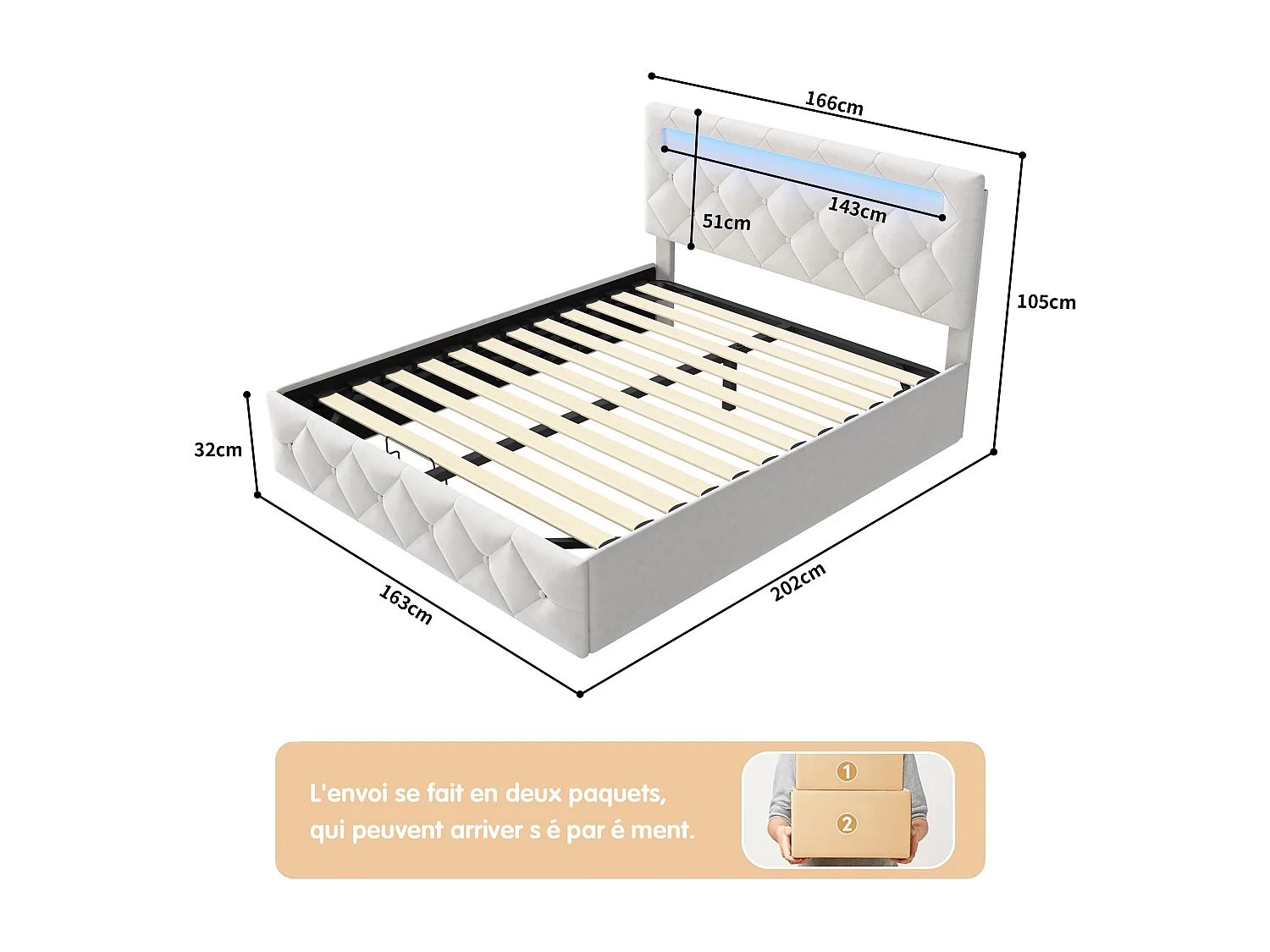 Letto 160x200cm con LED - Rete a doghe - Ampio spazio contenitore - Beige