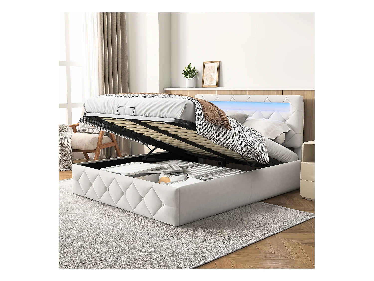 Lit 140x200cm avec LED - Sommier à Lattes - Grand Rangement - Beige