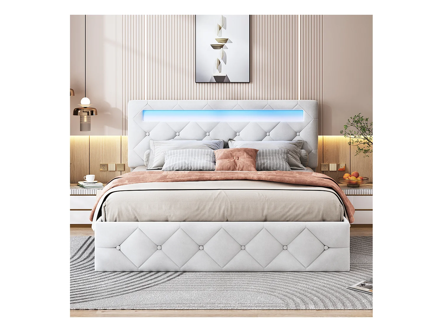 Lit 140x200cm avec LED - Sommier à Lattes - Grand Rangement - Beige