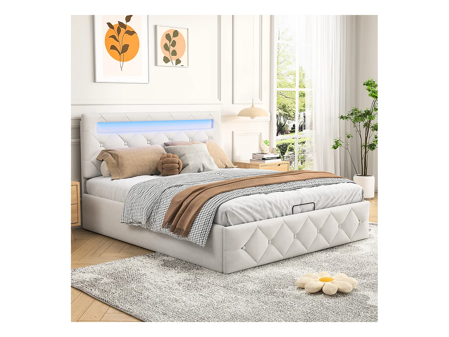 Lit 140x200cm avec LED - Sommier à Lattes - Grand Rangement - Beige