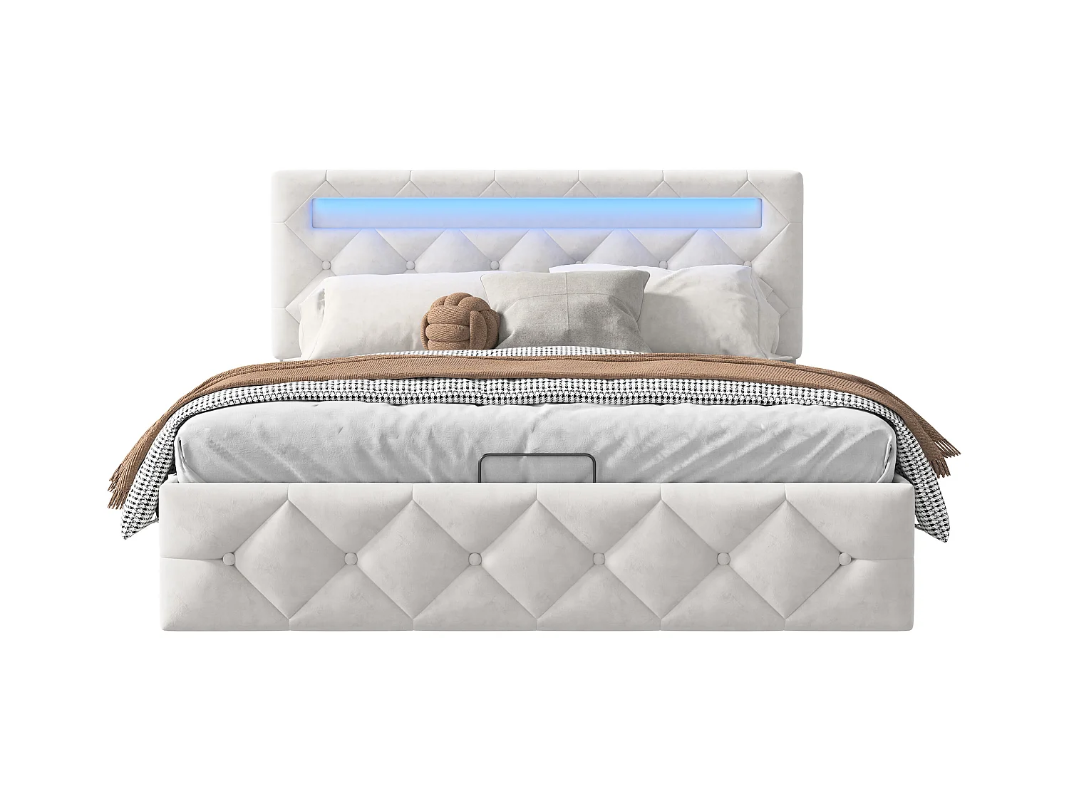 Lit 140x200cm avec LED - Sommier à Lattes - Grand Rangement - Beige