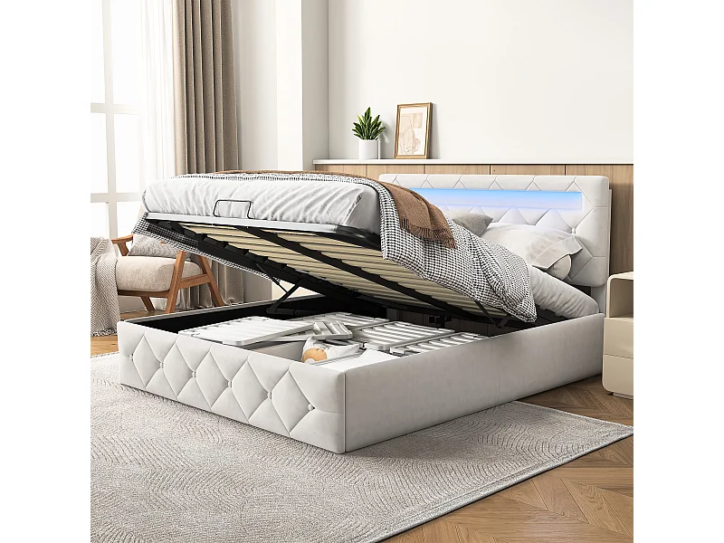 Bett 140x200cm mit LED - Lattenrost - Großer Stauraum - Beige