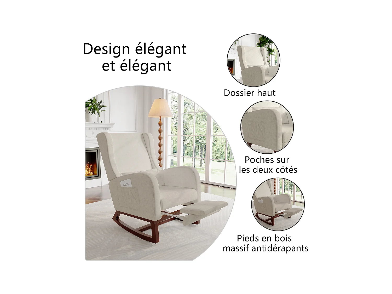 Fauteuil à bascule, Chaise à Bascule - Jambes Rétractable Chaise - Beige