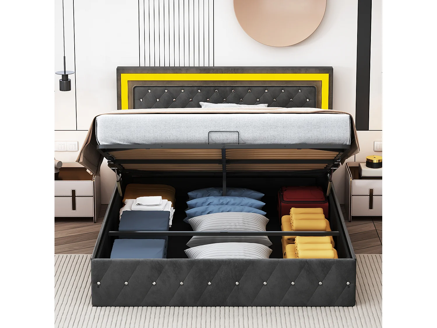 160x200 cm Samtbett mit Stauraum - mit LED und Lattenrost - Doppelbett mit Stauraum - Schwarz