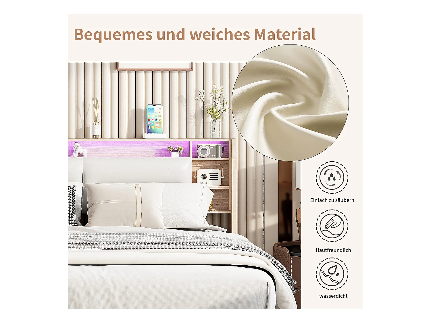 Polsterbett 160x200cm Doppelbett mit LED, Stauraumbett, Funktionsbett in Kunstleder, weiß