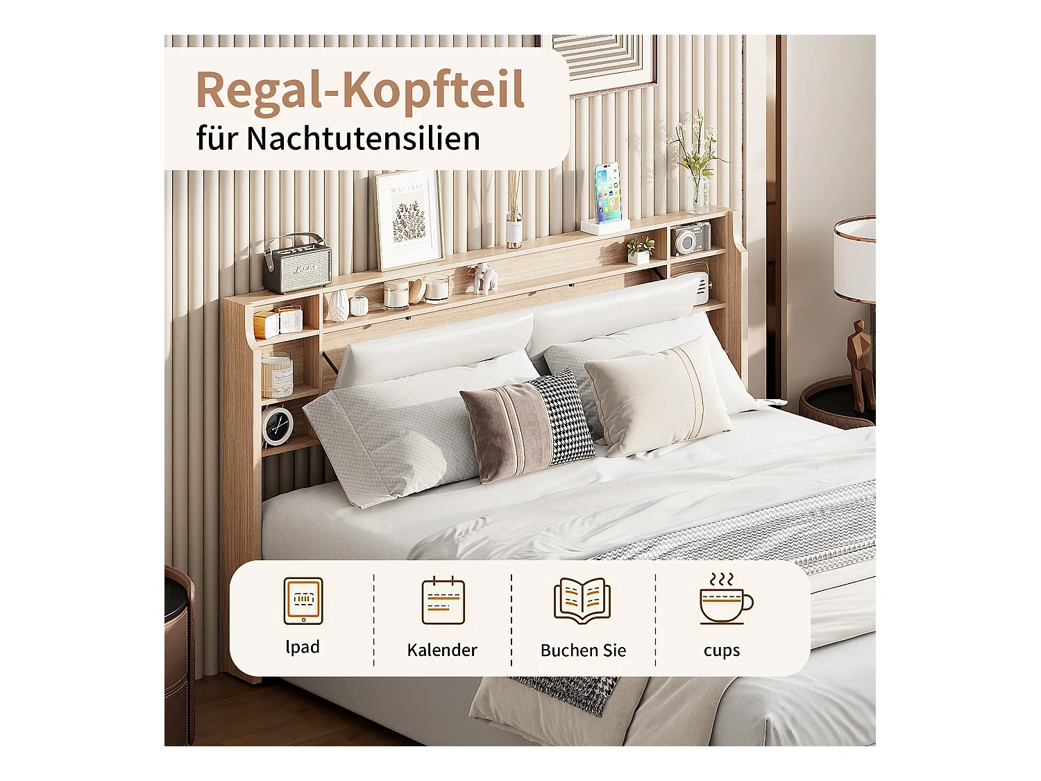 Polsterbett 160x200cm Doppelbett mit LED, Stauraumbett, Funktionsbett in Kunstleder, weiß