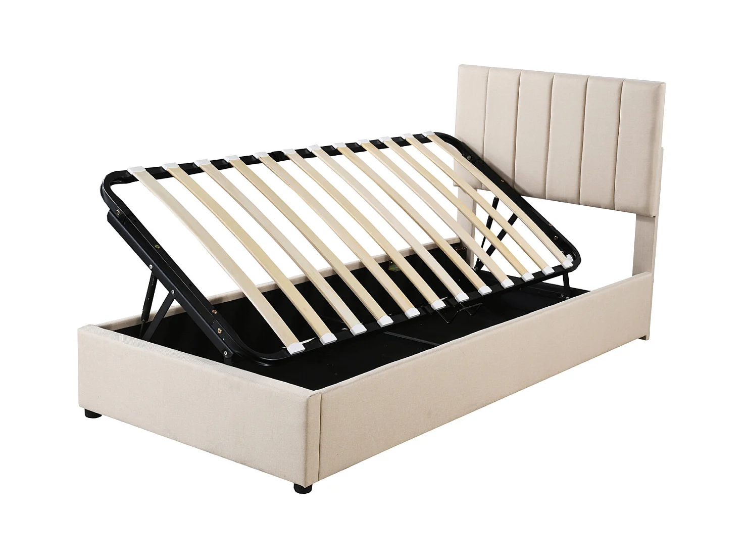 Lit coffre 90x200cm, lit capitonné d'enfant en lin, avec sommier à lattes et tête de lit, beige