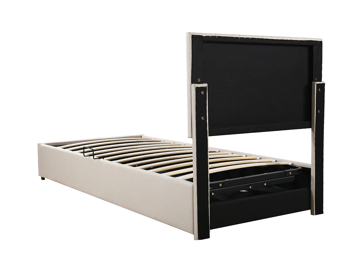 Lit coffre 90x200cm, lit capitonné d'enfant en lin, avec sommier à lattes et tête de lit, beige