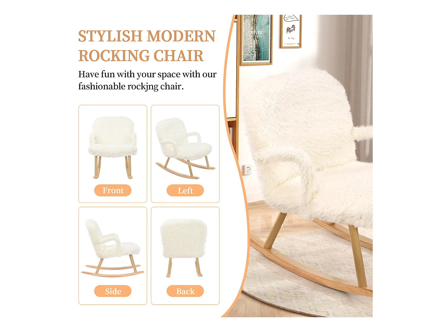 Chaise à Bascule avec Repose - Pieds, Fauteuil Bascule, avec Pieds en E' Bois Métal, Blanc