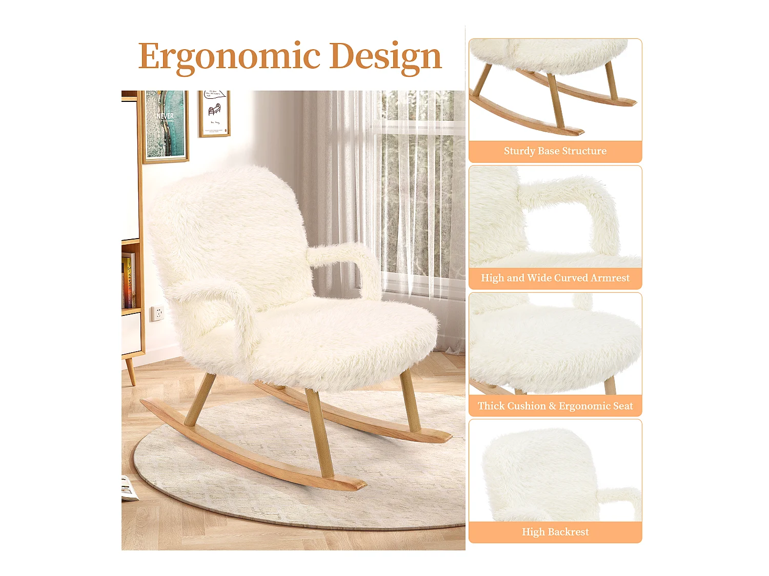 Chaise à Bascule avec Repose - Pieds, Fauteuil Bascule, avec Pieds en E' Bois Métal, Blanc