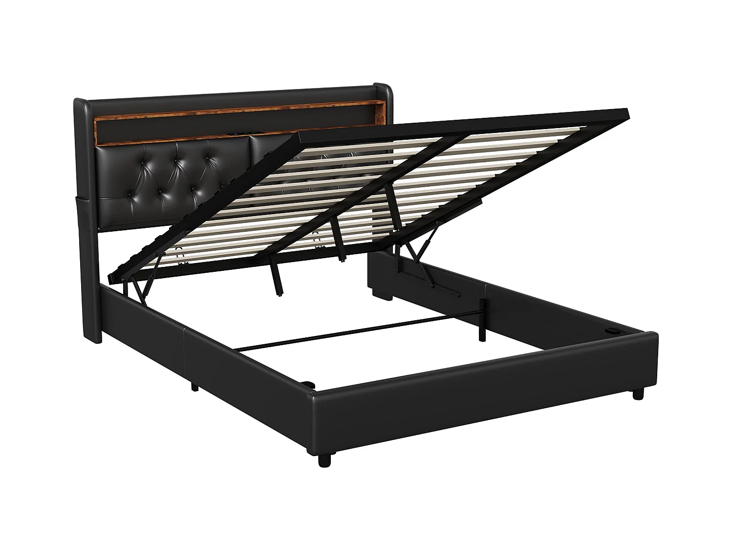Polsterbett 140x200 mit USB und Steckdosen, LED, hydraulisches Stauraumbett Doppelbett, Kunstleder, schwarz