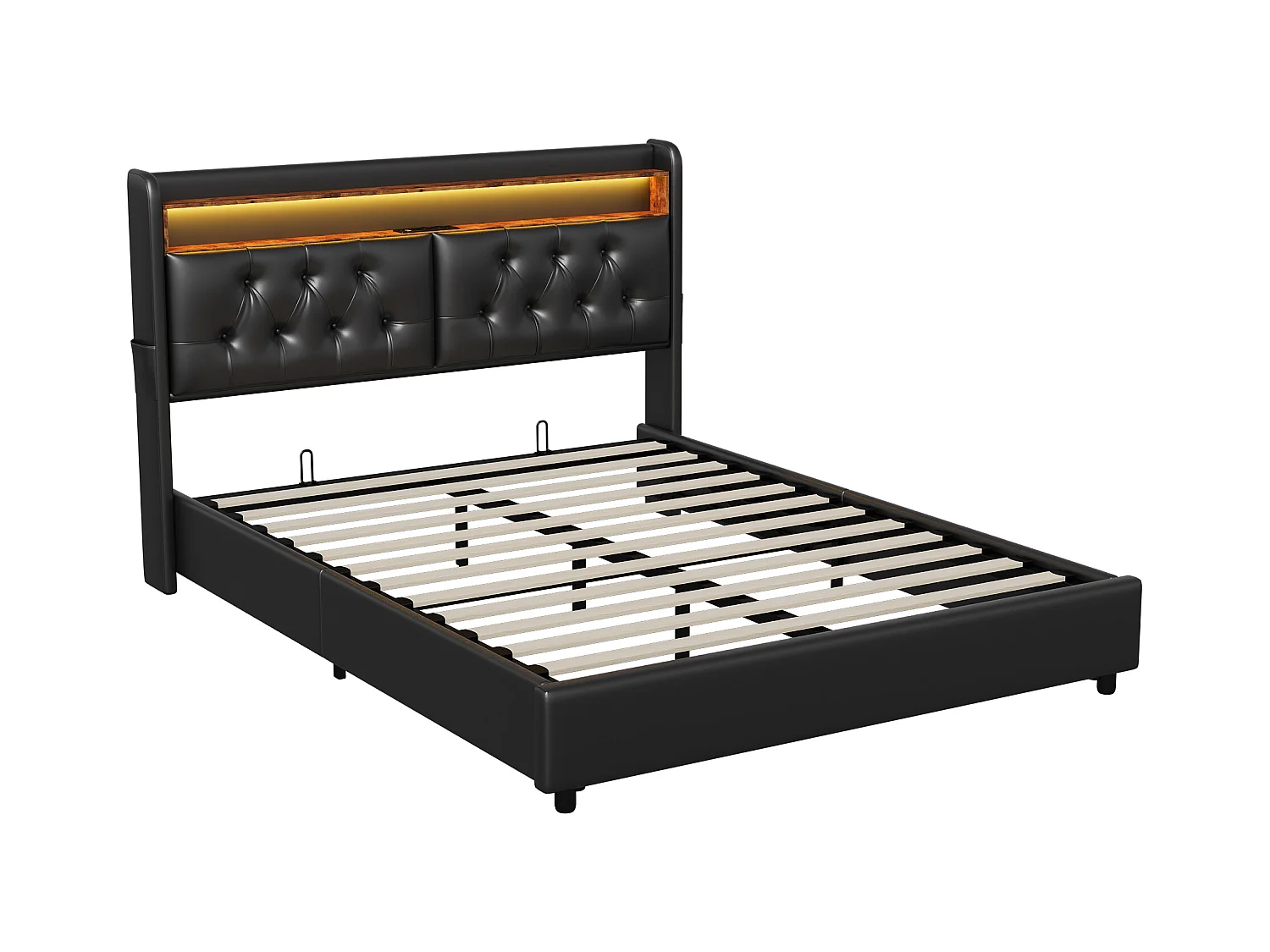 Polsterbett 140x200 mit USB und Steckdosen, LED, hydraulisches Stauraumbett Doppelbett, Kunstleder, schwarz