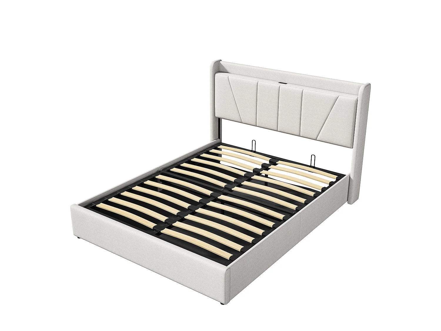 Letto contenitore 160x200 con USB e Type C, letto imbottito con rete a doghe, letto matrimoniale, beige
