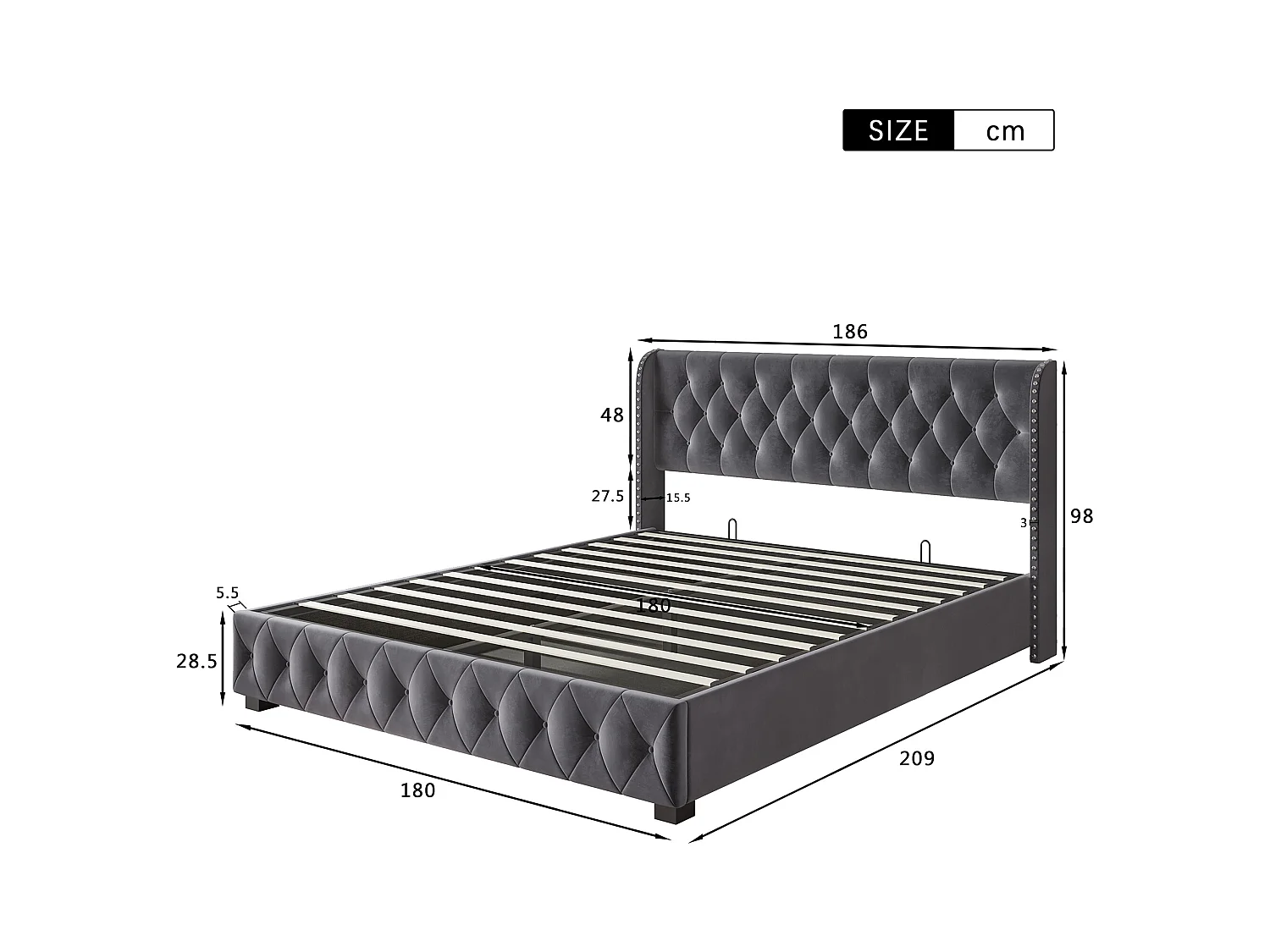 Lit coffre rembourré en velours - décoré de rivets - avec sommier à lattes - 180x200cm - Gris