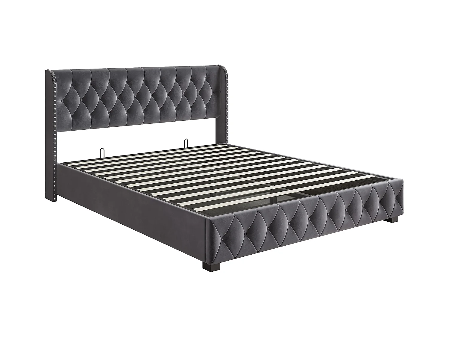 Lit coffre rembourré en velours - décoré de rivets - avec sommier à lattes - 180x200cm - Gris