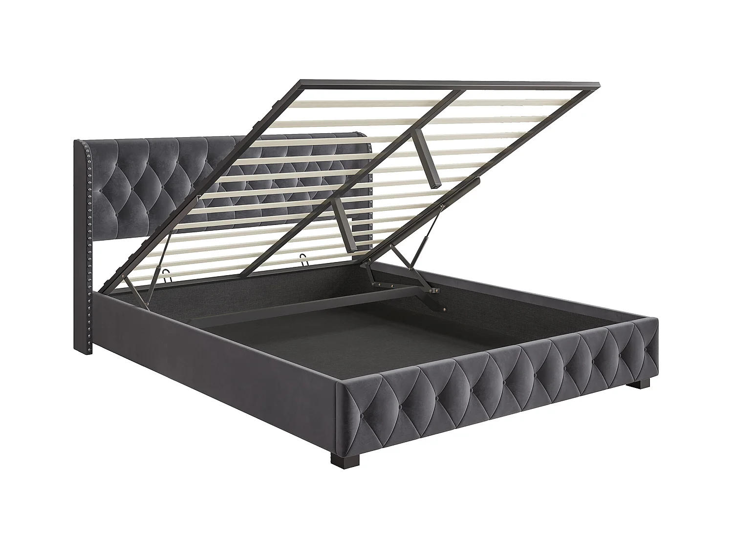 Lit coffre rembourré en velours - décoré de rivets - avec sommier à lattes - 180x200cm - Gris