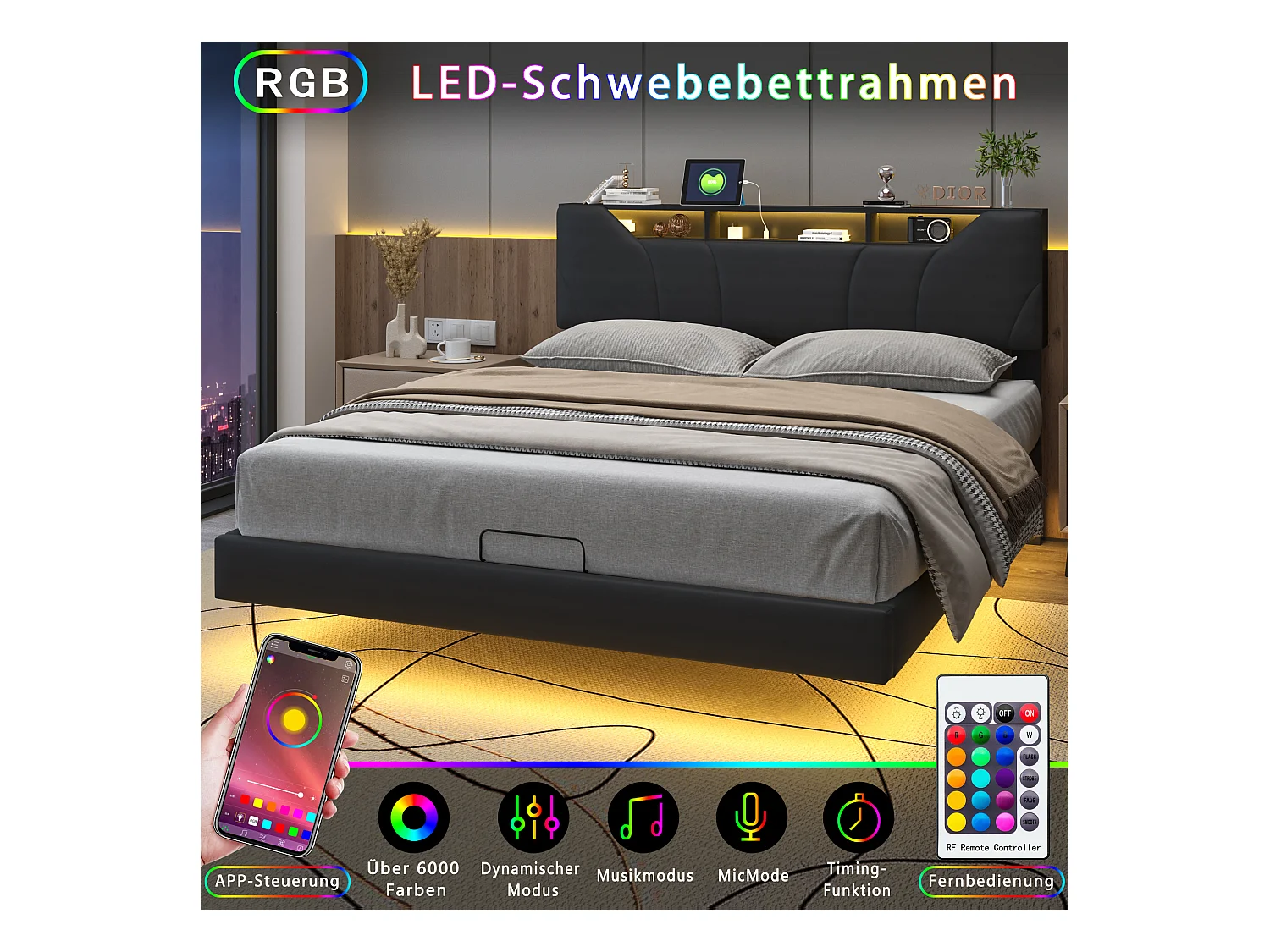 Lit 160x200 cm avec éclairage LED, Lit Coffre avec Port USB, tête de lit réglable en Hauteur, Noir