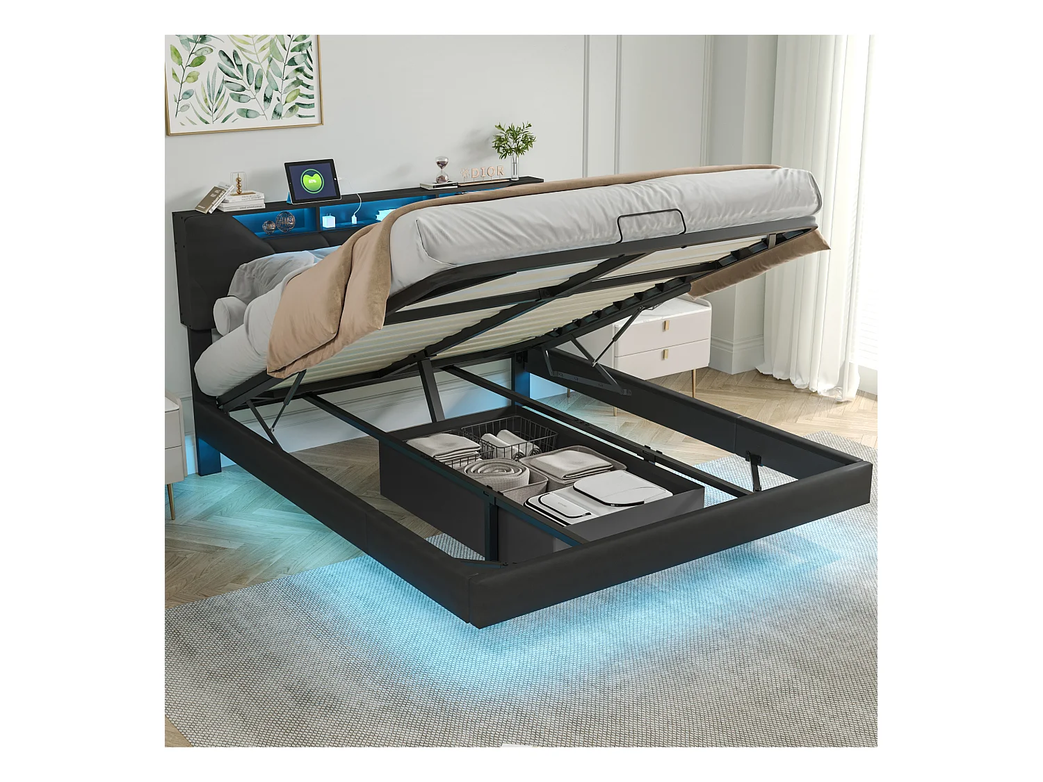 Bett 160x200 cm mit LED-Beleuchtung, Stauraumbett mit USB-Anschluss, Höhenverstellbares Kopfteil, Schwarz