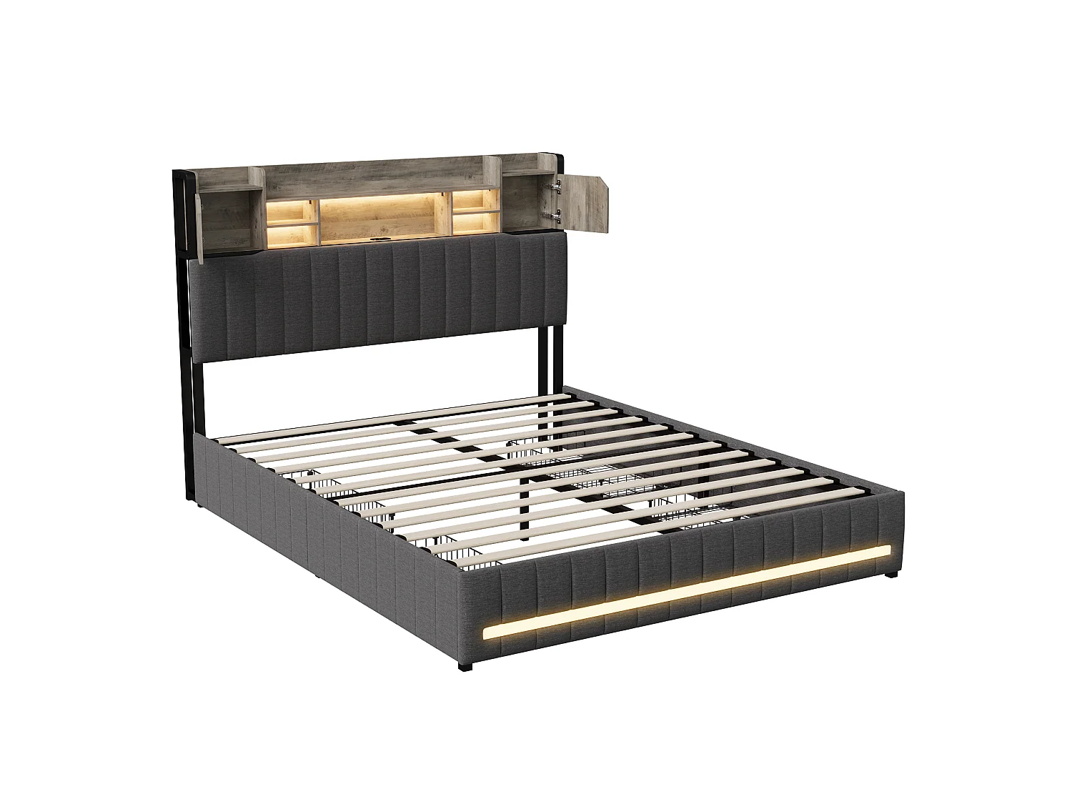 Lit 160 x 200 cm avec tête de lit LED et USB, 4 tiroirs de rangement, sommier à lattes, lin, gris