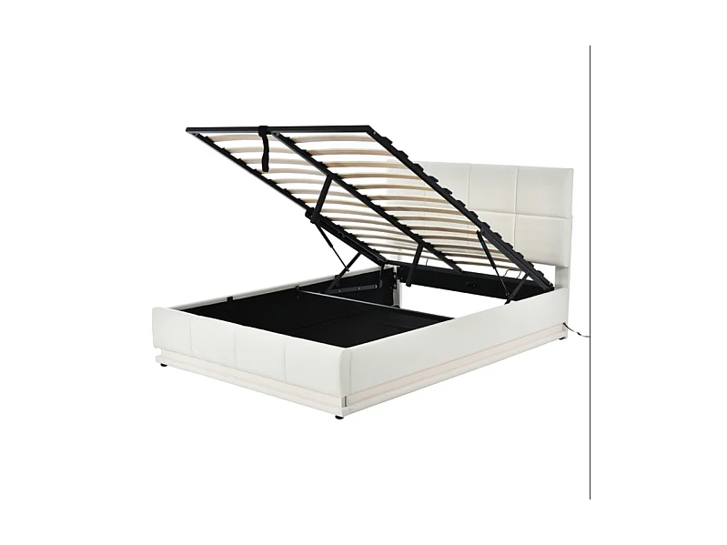 Lit coffre 140x190 cm, Lit doub LED capitonné relevable hydraulique avec sommier à lattes, Blanc