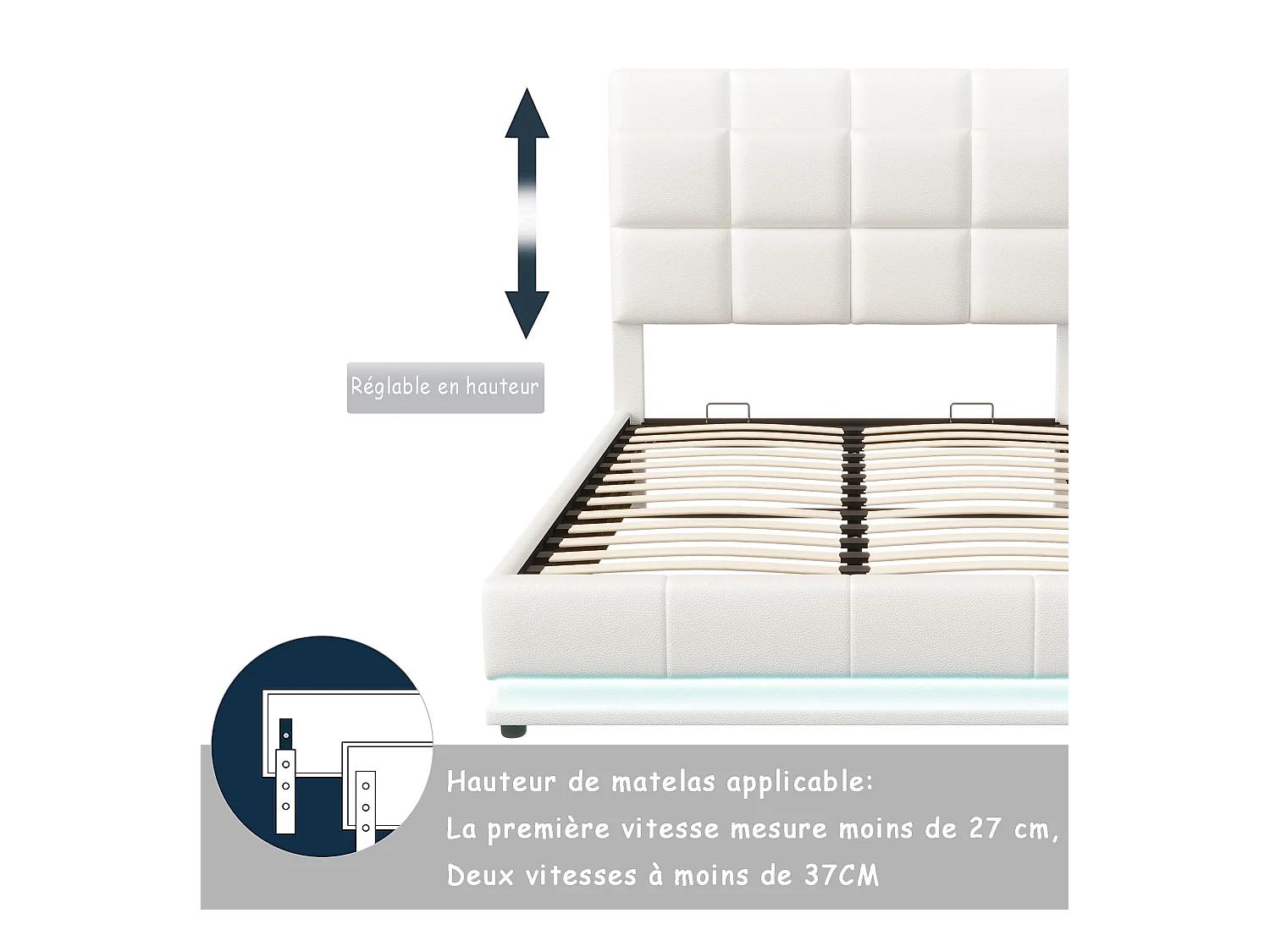 Lit coffre 140x190 cm, Lit doub LED capitonné relevable hydraulique avec sommier à lattes, Blanc