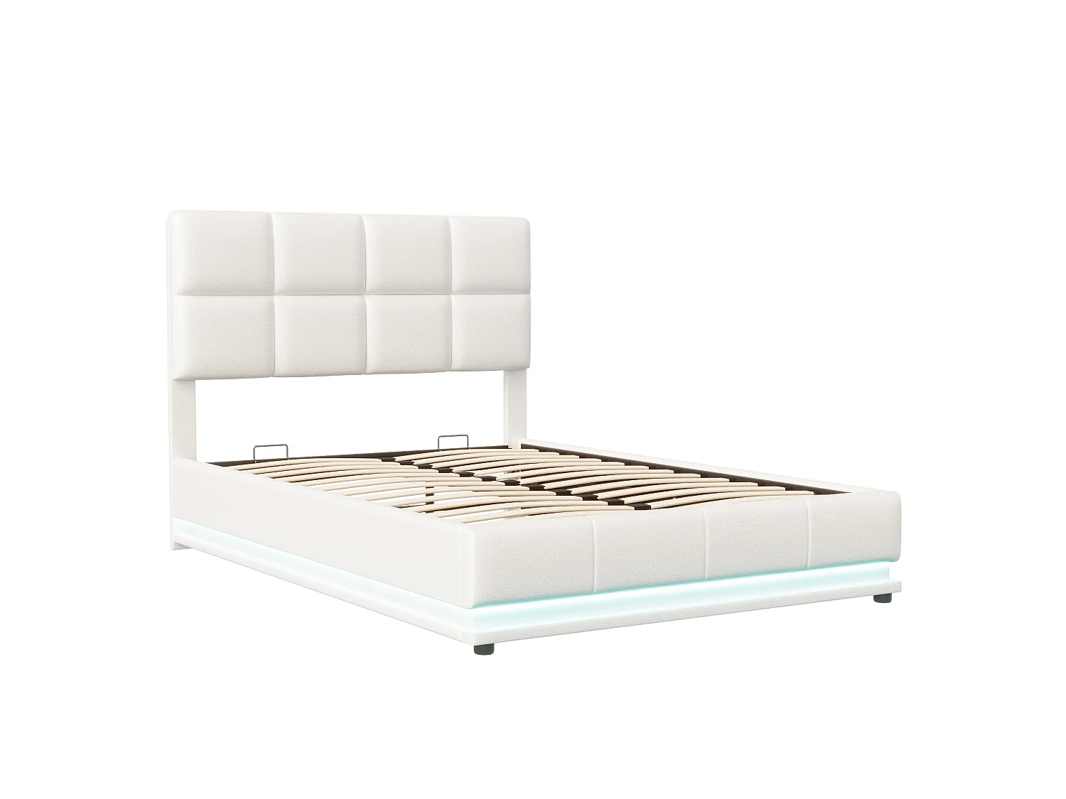 Lit coffre 140x190 cm, Lit doub LED capitonné relevable hydraulique avec sommier à lattes, Blanc