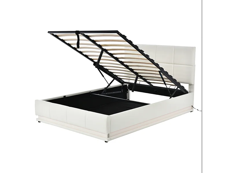 Lit coffre 140x190 cm, Lit doub LED capitonné relevable hydraulique avec sommier à lattes, Blanc