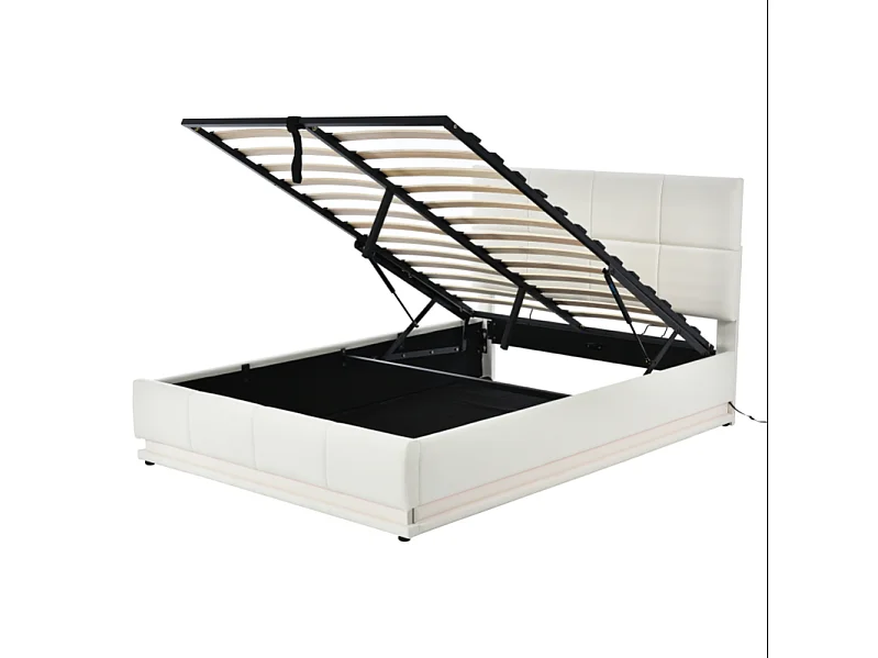Lit coffre 140x190 cm, Lit doub LED capitonné relevable hydraulique avec sommier à lattes, Blanc