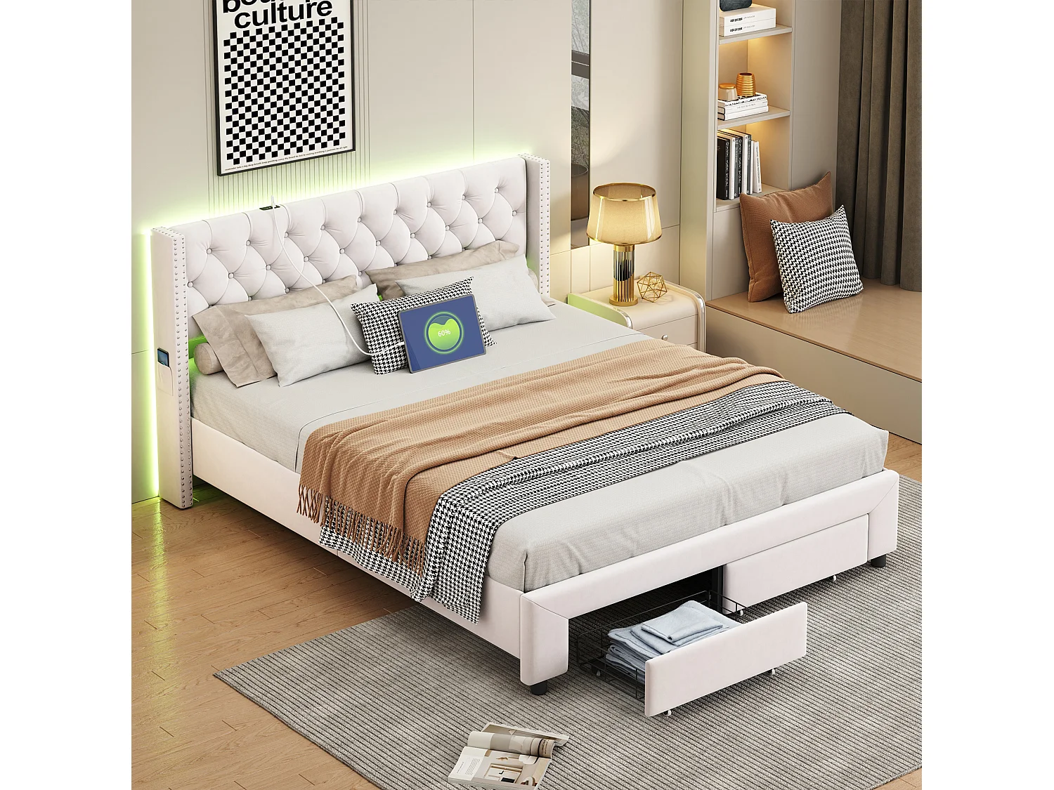 Cama 160x200cm com arrumação e LED, estrado de ripas, cama de casal estofada com USB, veludo, bege