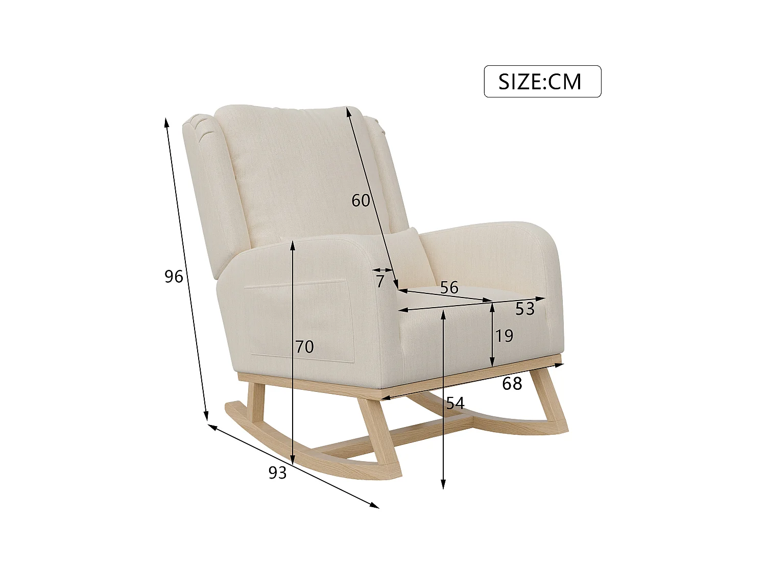 Schaukelstuhl, Relaxsessel mit Armlehnen, Leinenstoff, Beige