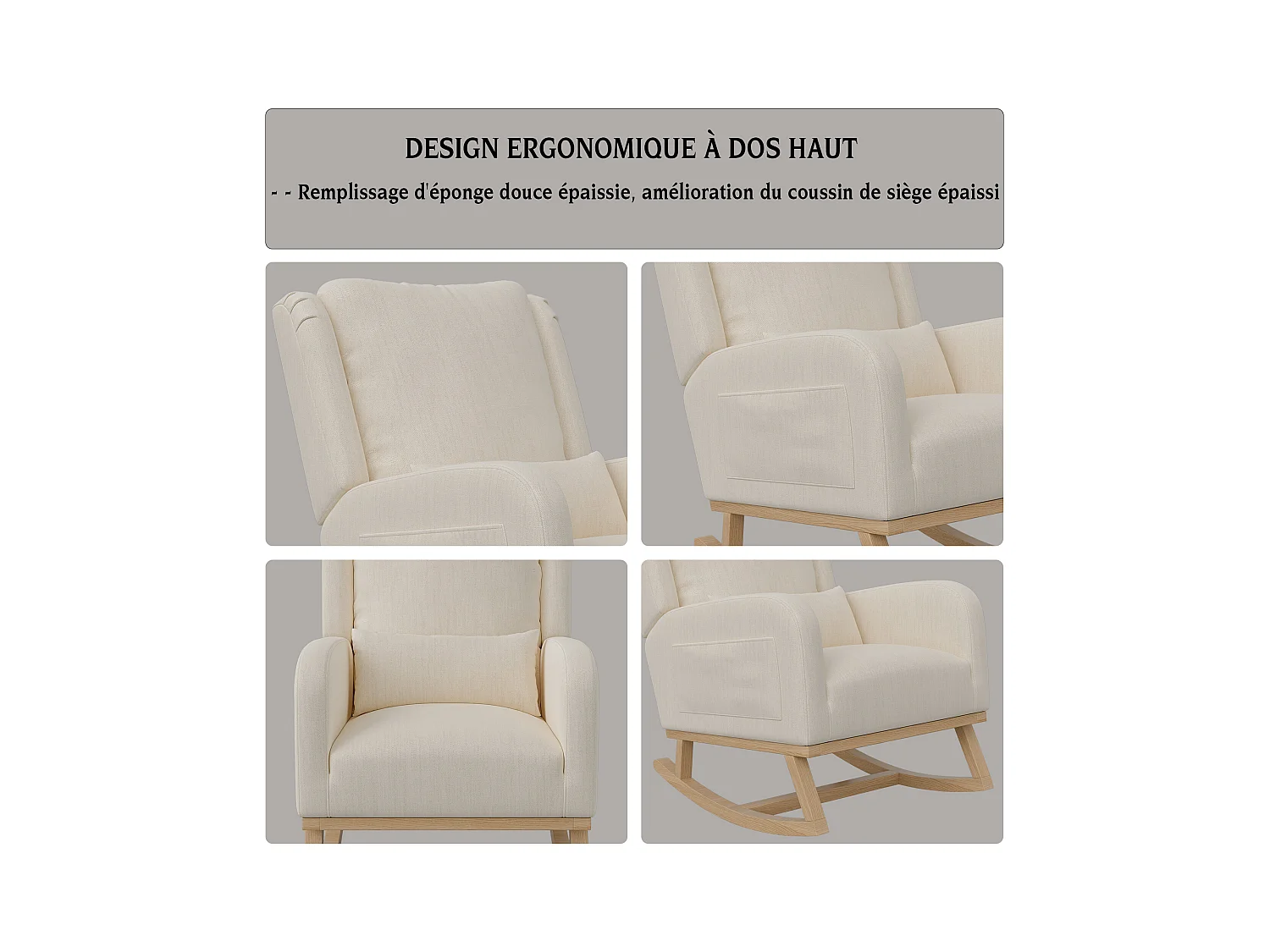 Schaukelstuhl, Relaxsessel mit Armlehnen, Leinenstoff, Beige