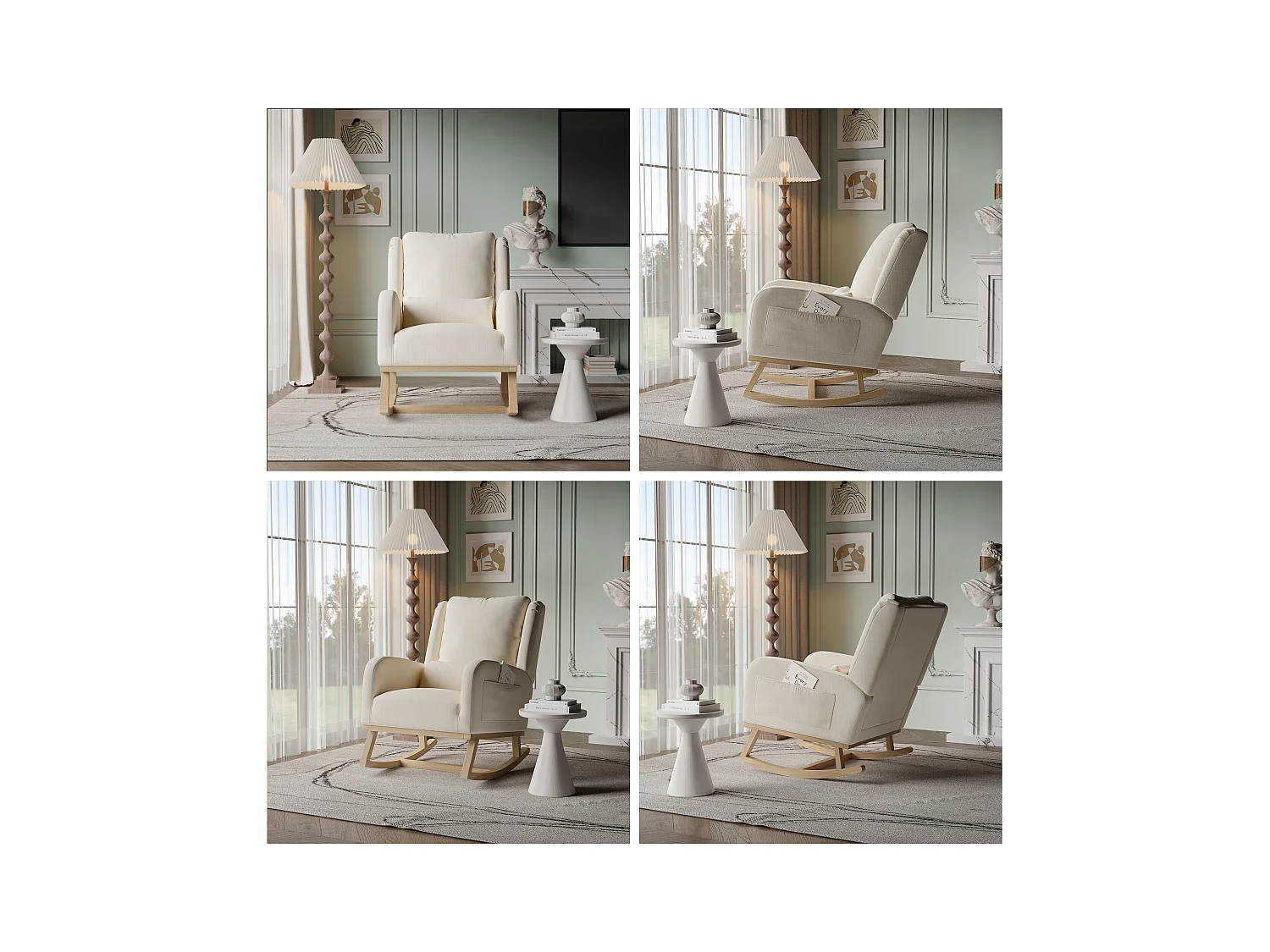 Schaukelstuhl, Relaxsessel mit Armlehnen, Leinenstoff, Beige