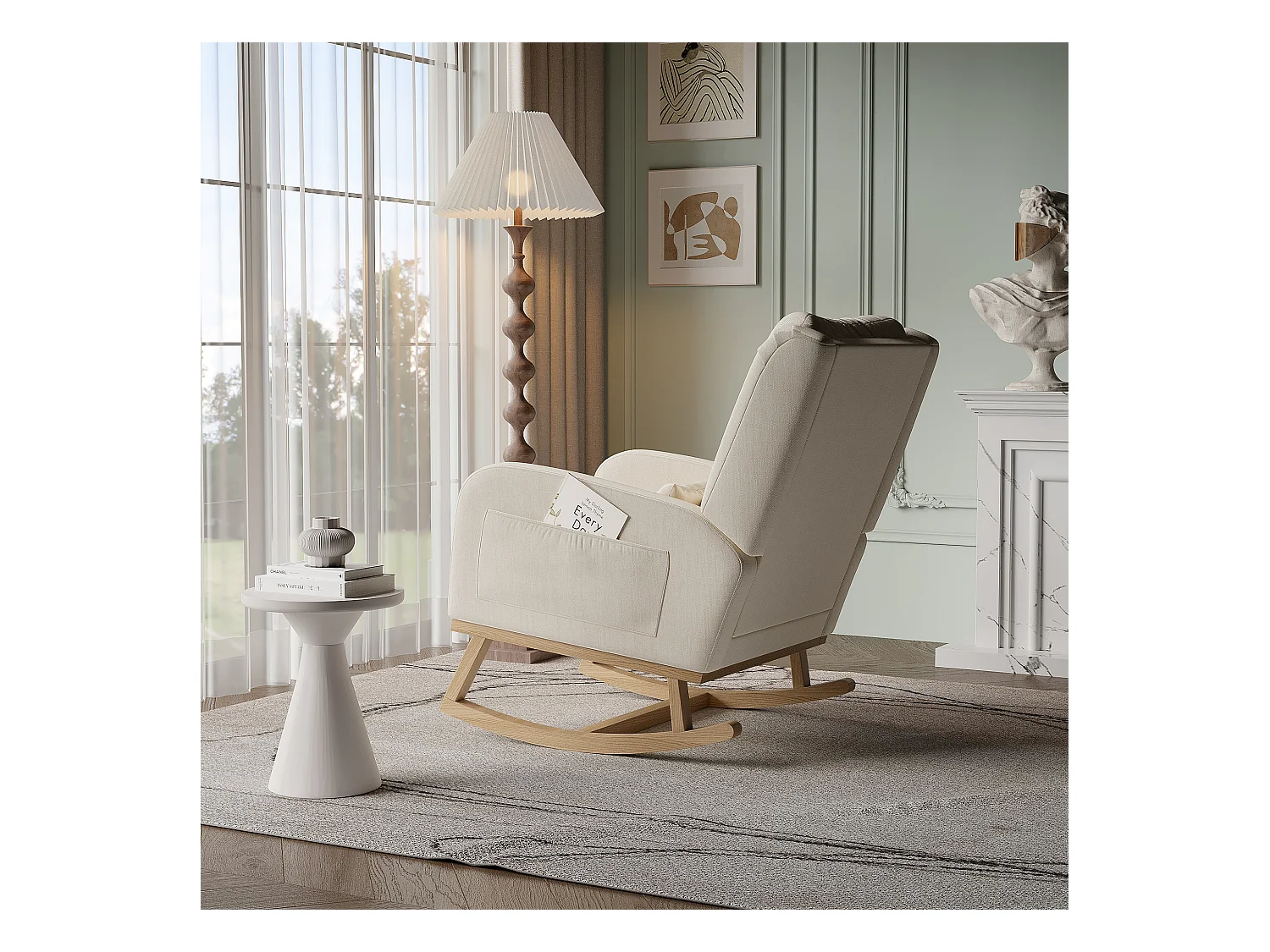 Schaukelstuhl, Relaxsessel mit Armlehnen, Leinenstoff, Beige