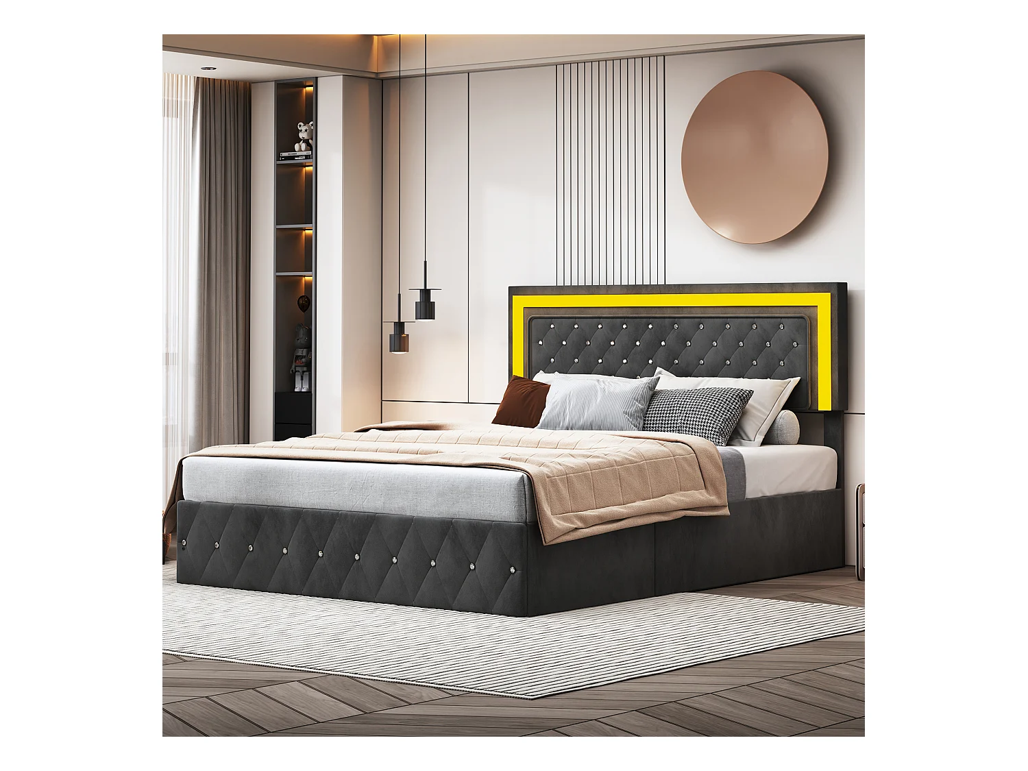 Lit coffre 180x200 cm en velours - avec LED et sommier à lattes - Lit double de rangement - Noir