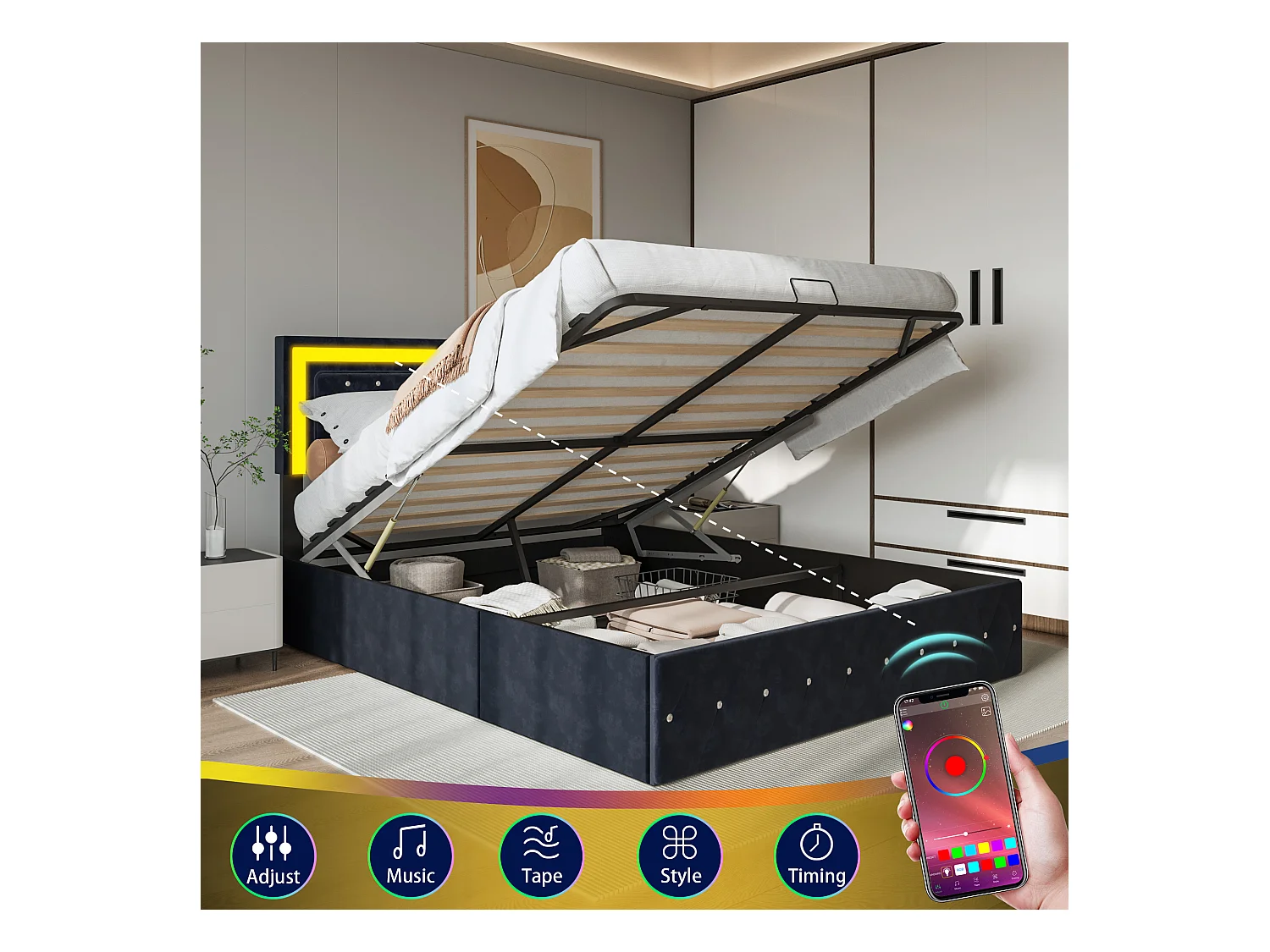 Lit coffre 180x200 cm en velours - avec LED et sommier à lattes - Lit double de rangement - Noir