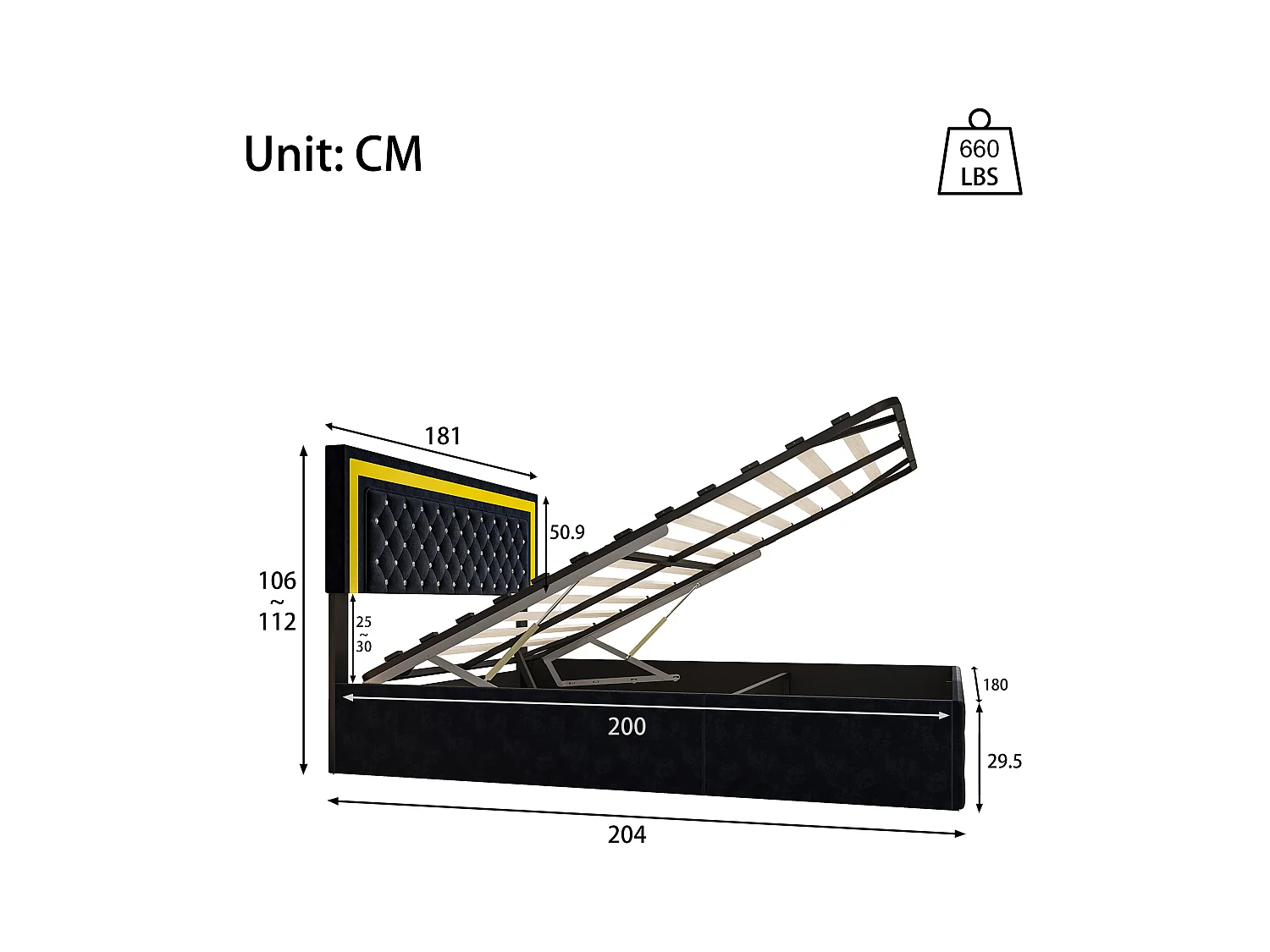Lit coffre 180x200 cm en velours - avec LED et sommier à lattes - Lit double de rangement - Noir