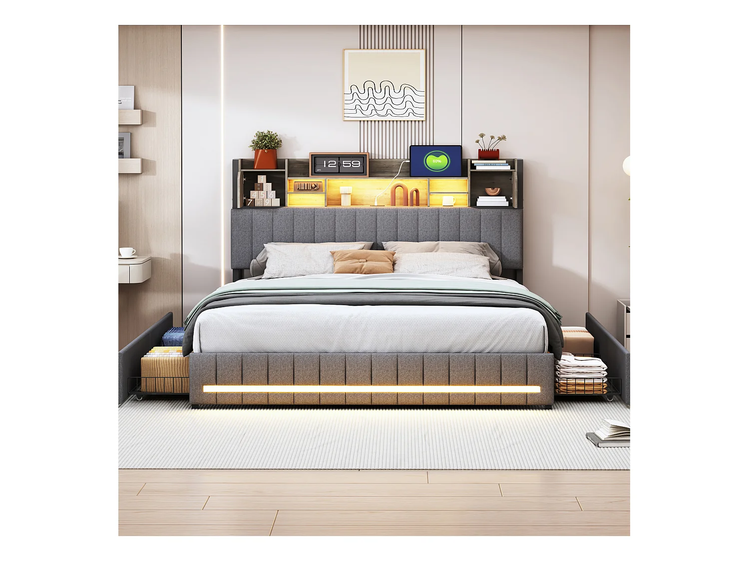 Lit 140 x 190 cm avec tête de lit LED et USB, 4 tiroirs de rangement, sommier à lattes, lin, gris