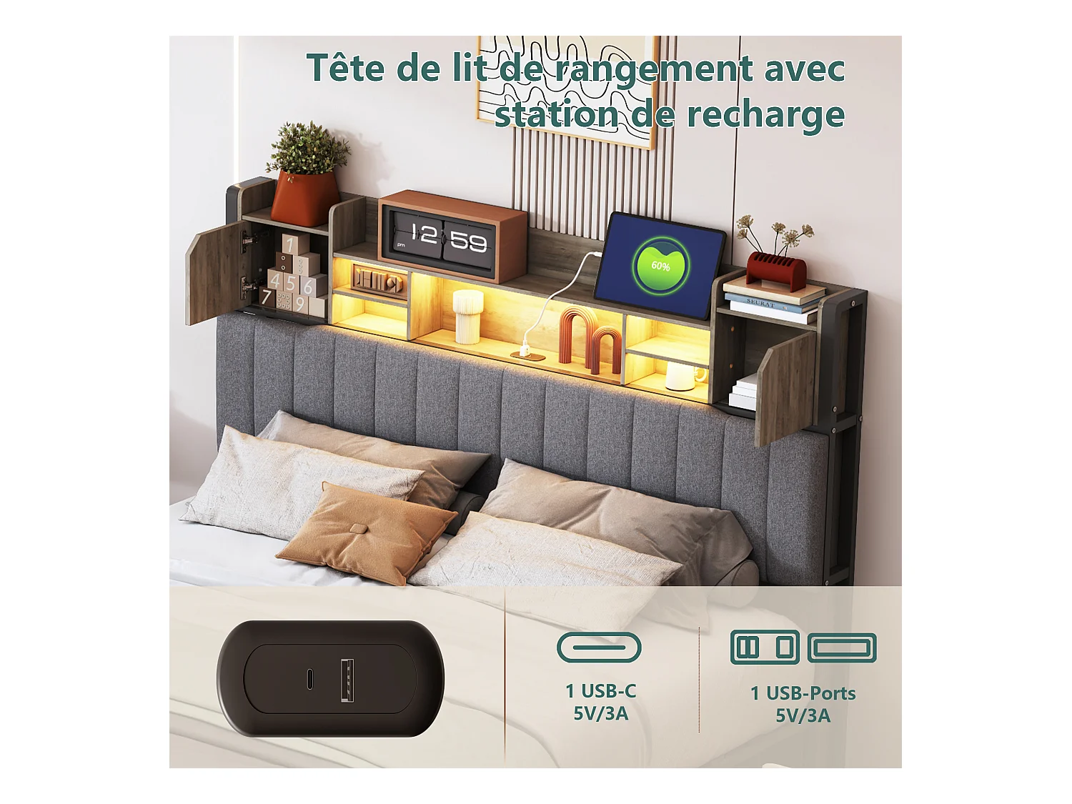 Lit 140 x 190 cm avec tête de lit LED et USB, 4 tiroirs de rangement, sommier à lattes, lin, gris
