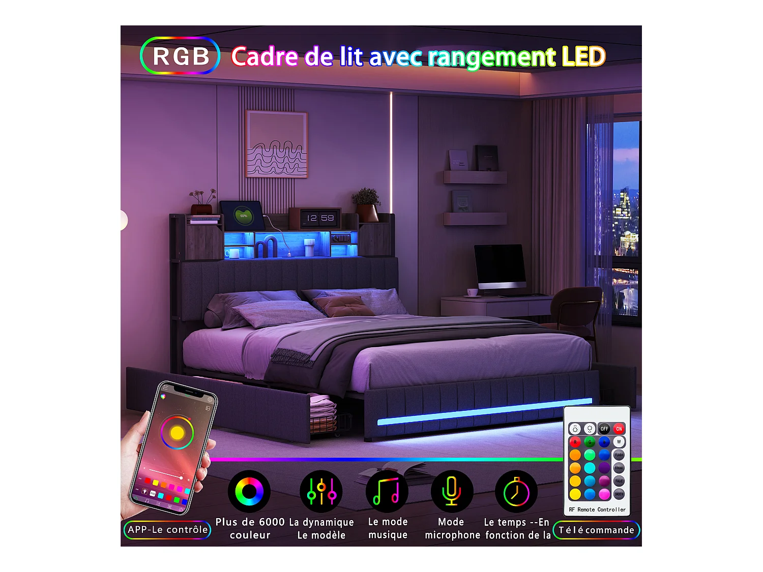 Lit 140 x 190 cm avec tête de lit LED et USB, 4 tiroirs de rangement, sommier à lattes, lin, gris