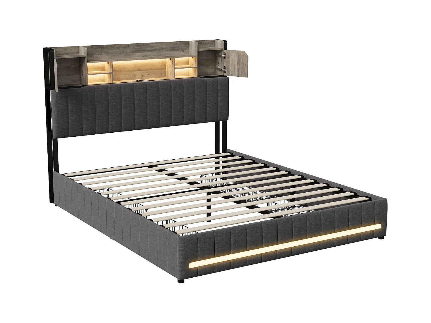 Lit 140 x 190 cm avec tête de lit LED et USB, 4 tiroirs de rangement, sommier à lattes, lin, gris