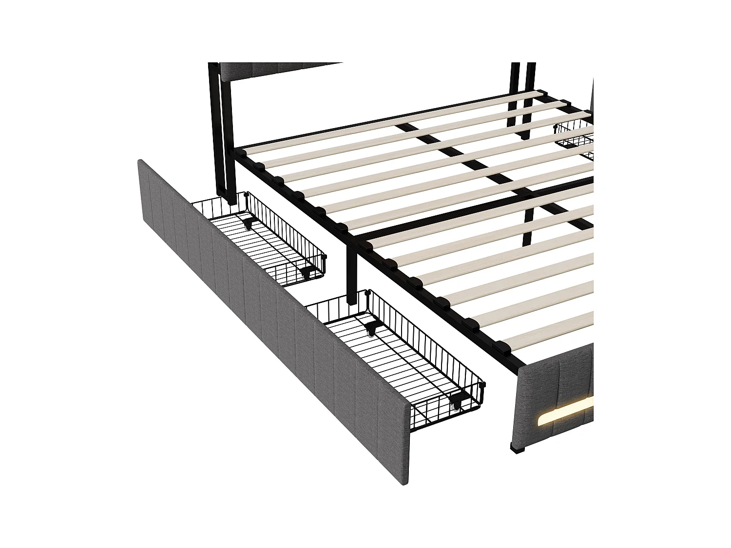 Lit 140 x 190 cm avec tête de lit LED et USB, 4 tiroirs de rangement, sommier à lattes, lin, gris