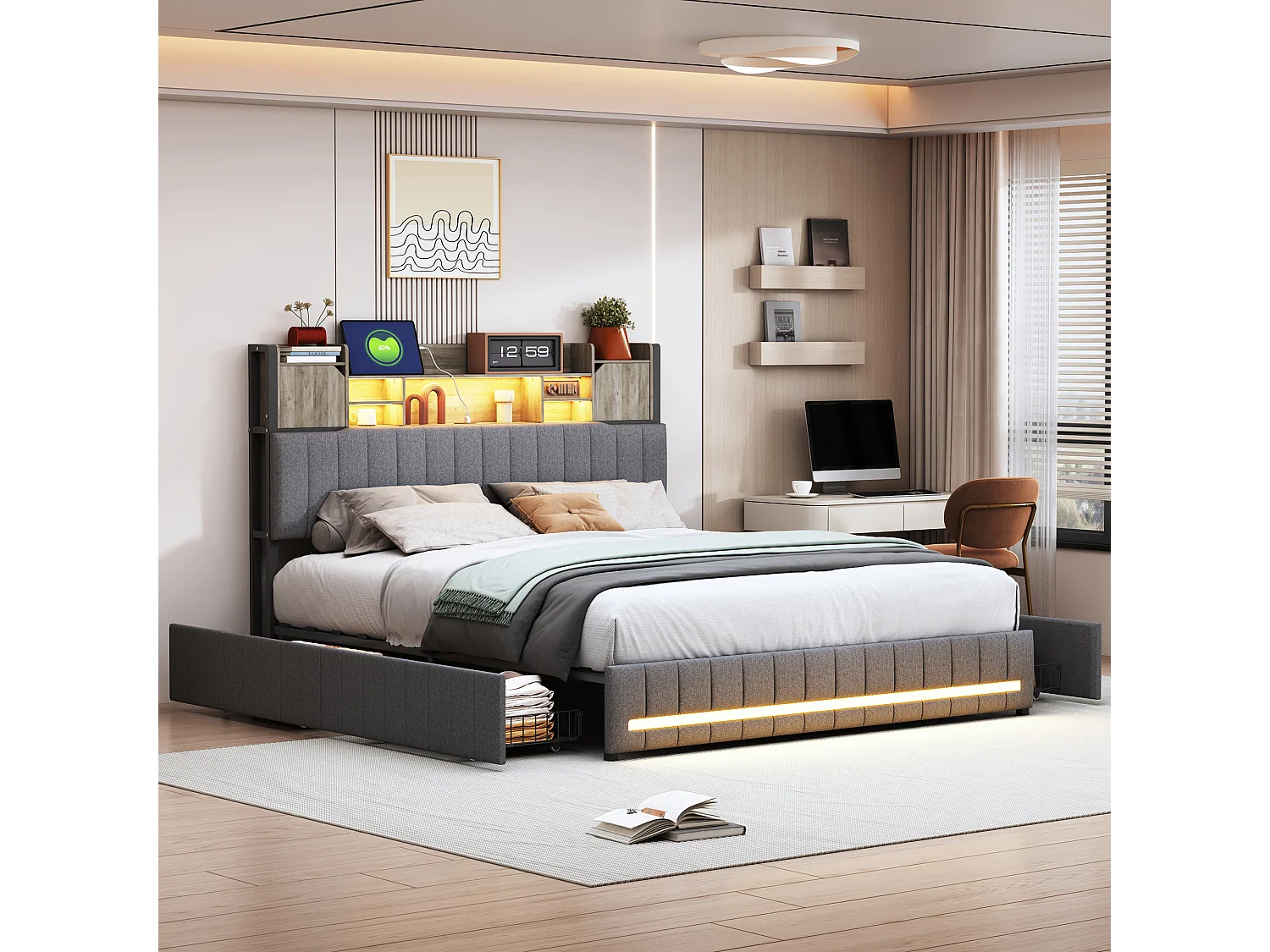 Lit 140 x 190 cm avec tête de lit LED et USB, 4 tiroirs de rangement, sommier à lattes, lin, gris