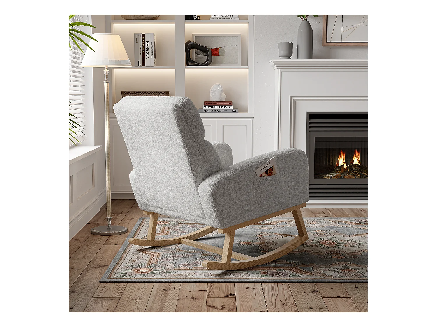 Fauteuil à Bascule, Fauteuil De Relaxation, Avec Poches Et Pieds En Bois,velours Teddy Gris