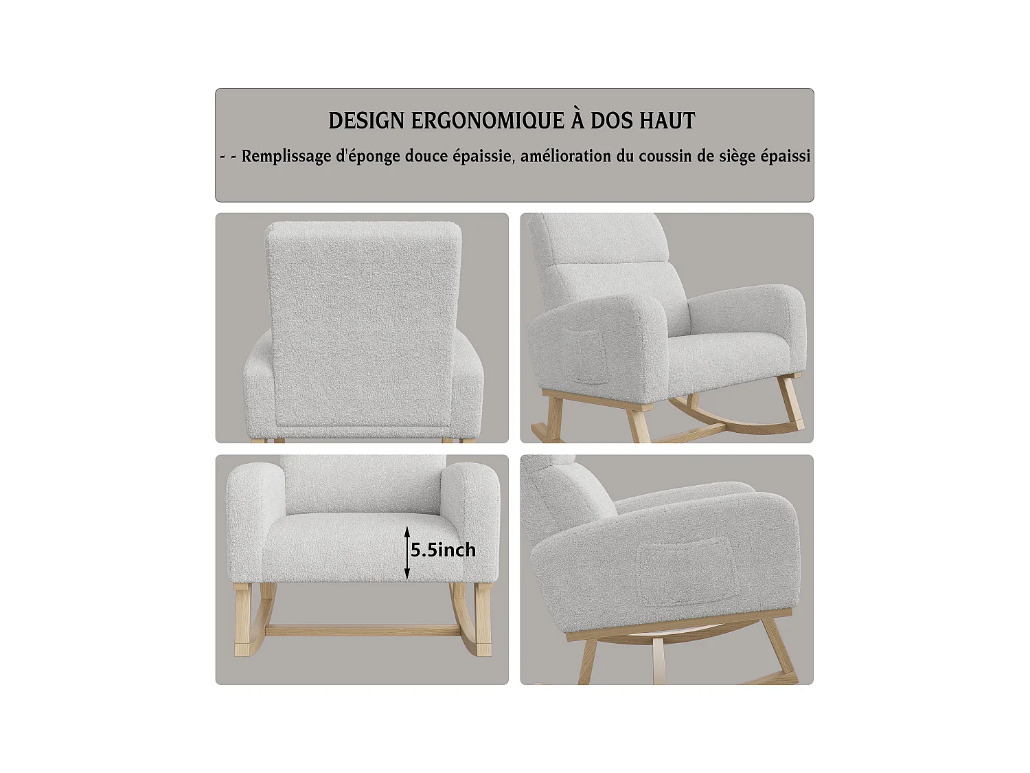 Fauteuil à Bascule, Fauteuil De Relaxation, Avec Poches Et Pieds En Bois,velours Teddy Gris